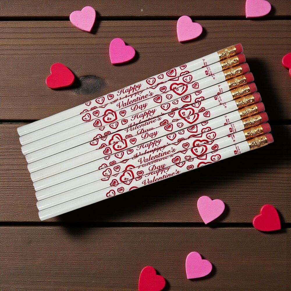 Vintage Valentine’s Day Pencils Lot of 10 Unsharpened Atlas #2 USA Hearts Red